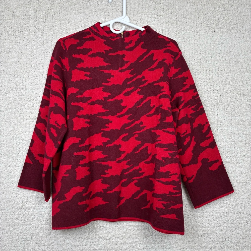 Chico's Top Womens 2P Lg/12P Red Camo Pull Over Mock Neck Zippered Sweater